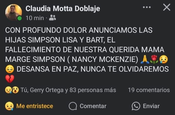 Claudia Motta compartió un mensaje de despedida para Nancy McKenzie con quien compartió doblar a personajes de Los Simpson. (Foto: Facebook)