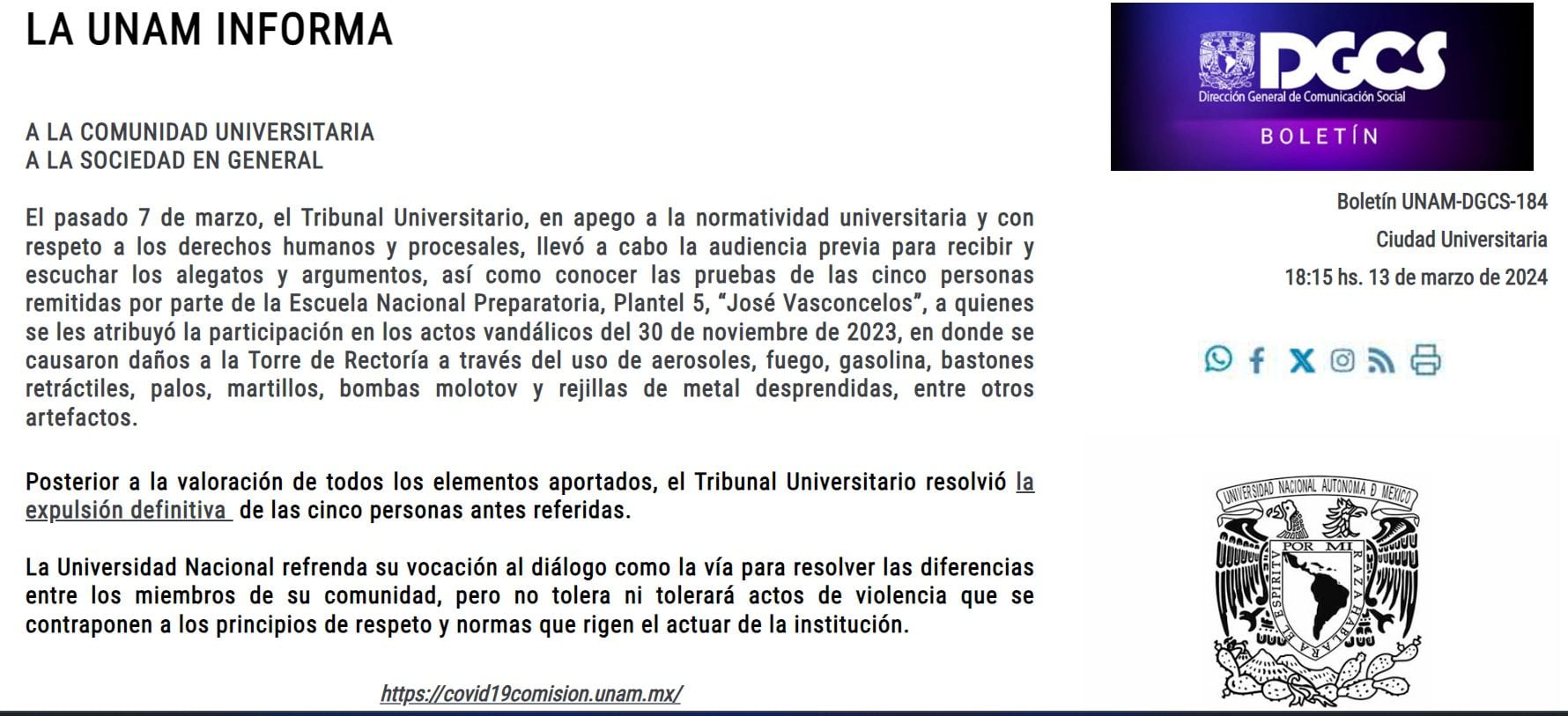 Comunicado de la UNAM del 13 de marzo de 2024. 