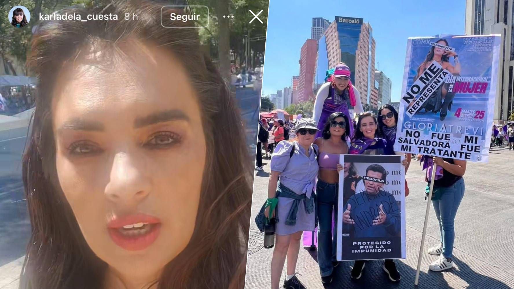 Karla de la Cuesta denunció a Gloria Trevi y Sergio Andrade en la marcha del 8M. (Foto: Captura de pantalla)