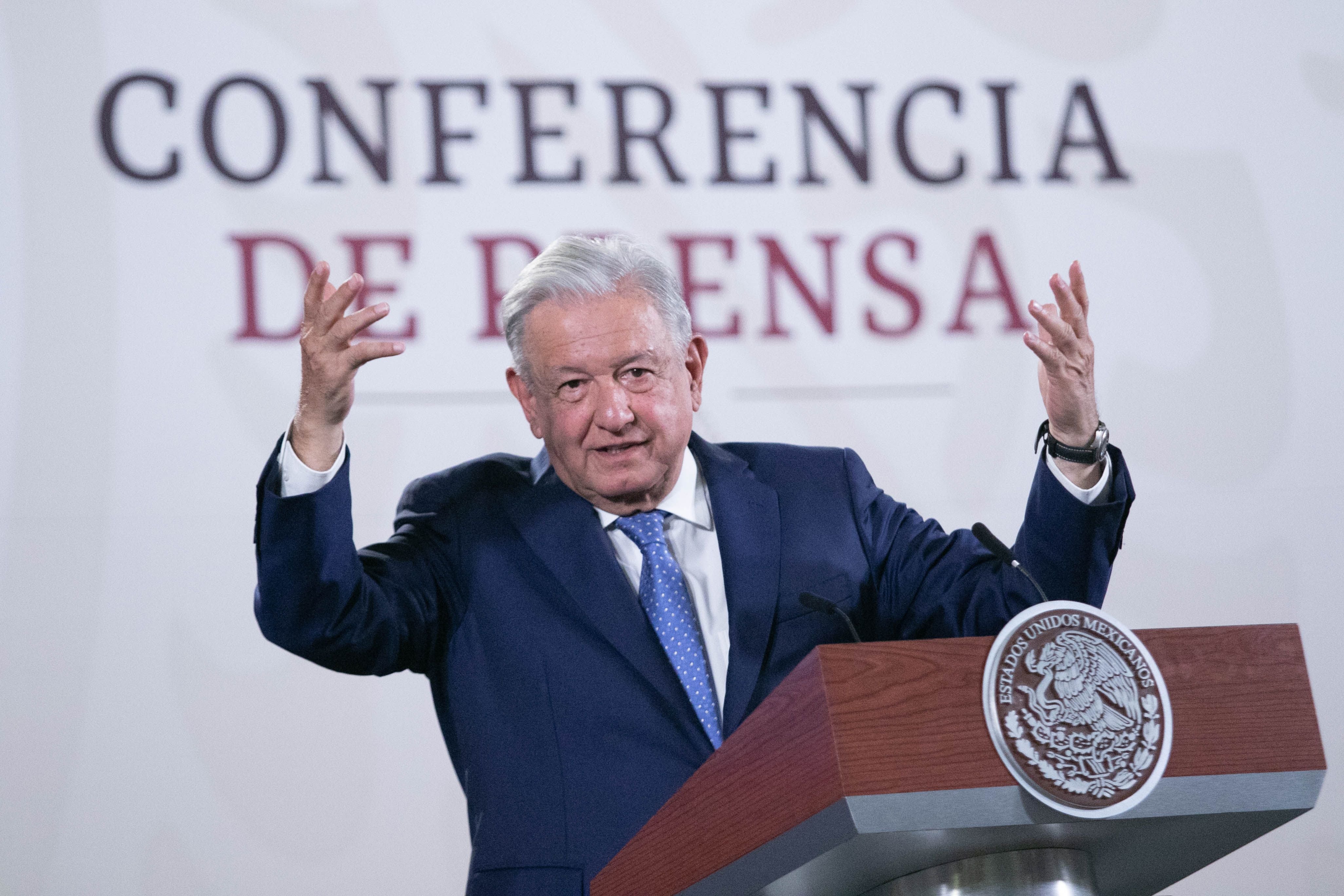 El presidente Andrés Manuel López Obrador en su conferencia de prensa matutina. [Fotografía. Moisés Pablo Nava/Cuartoscuro]