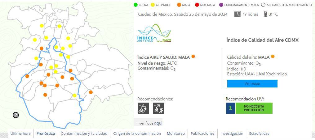 De acuerdo con el reporte de las 17:00 horas, la calidad del aire sigue siendo mala en el Valle de México. (Captura de pantalla)