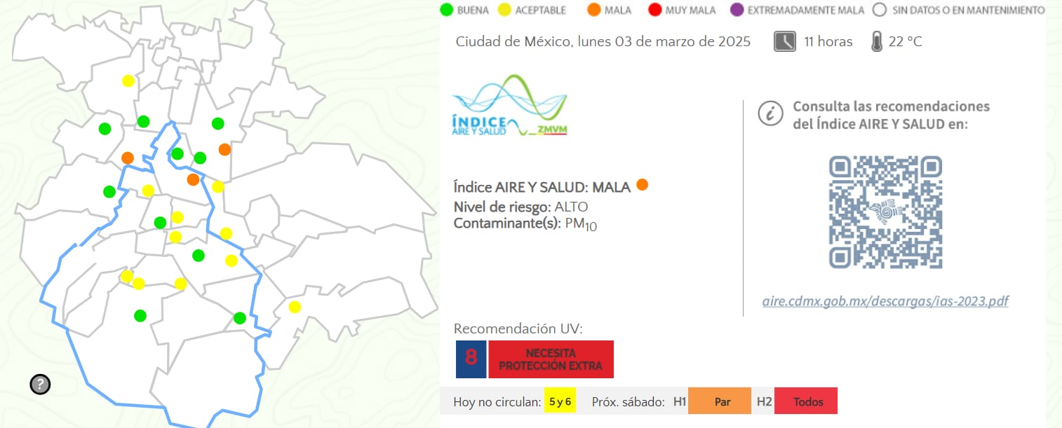 Así se encuentra la calidad del aire en la CDMX este 3 de marzo.