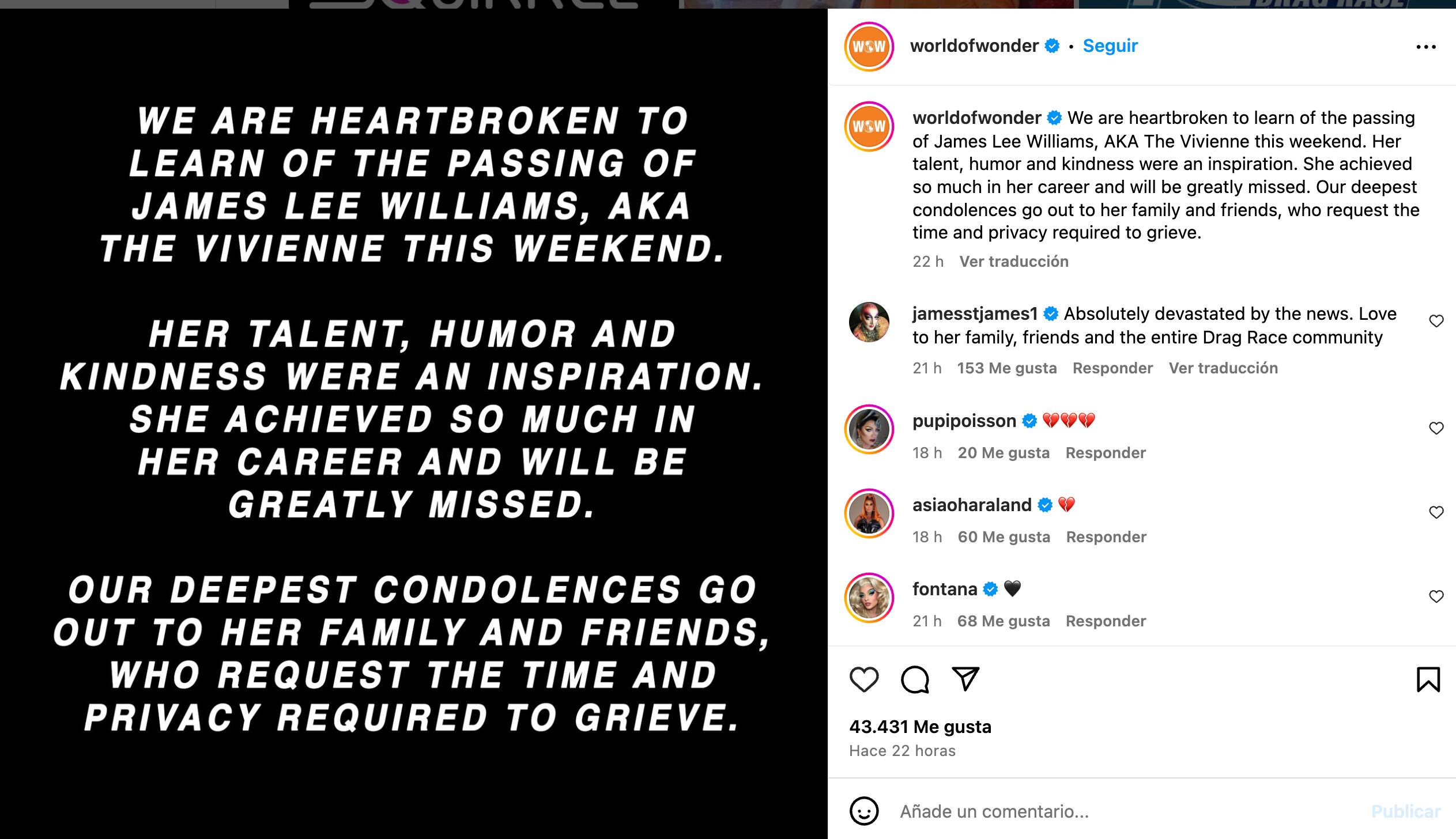 World of Wonder lamentó la muerte de la Drag Queen a los 32 años. (Foto: Instagram @worldofwonder)