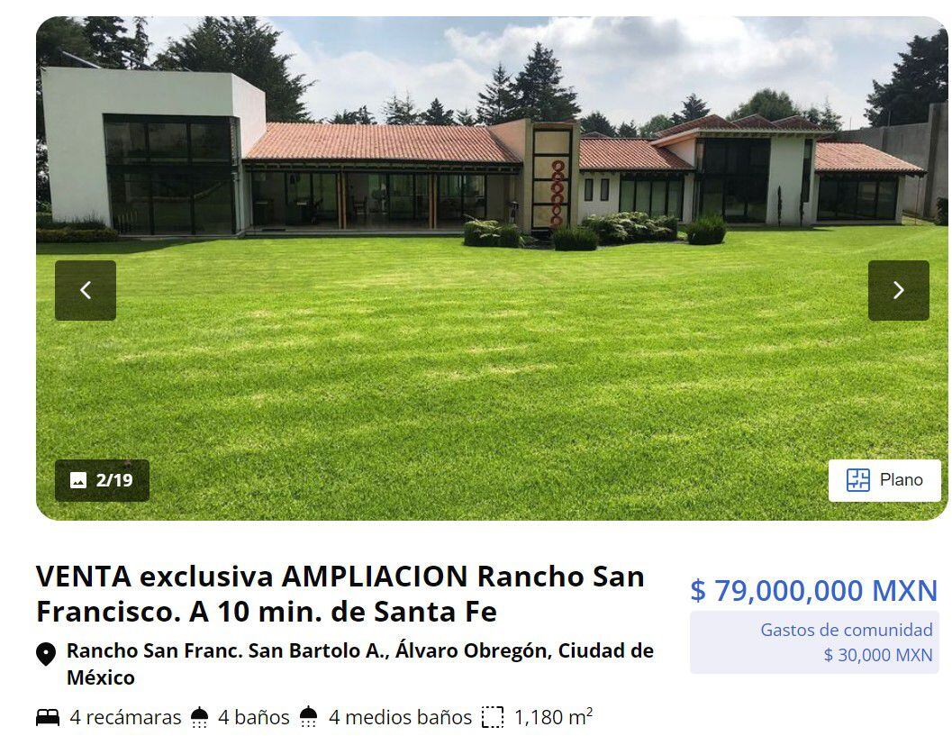Rancho San Francisco tiene casas de casi 80 millones de pesos. (Foto: www.lamudi.com.mx).