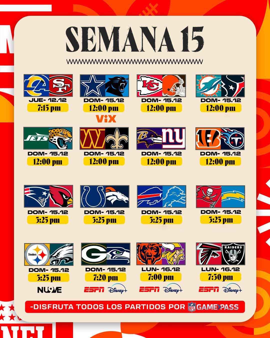 La Semana 15 de la NFL tendrá a los Buffalo Bills que quieren sigue con la racha de victorias. (Foto: X @nflmx)