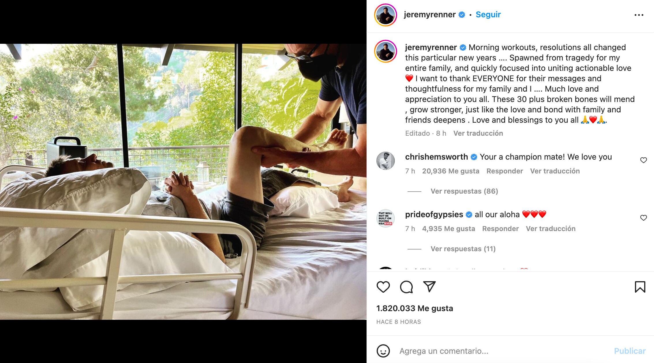 Jeremy Renner mostró parte de su rehabilitación en el hospital. (Foto: Instagram @jeremyrenner)