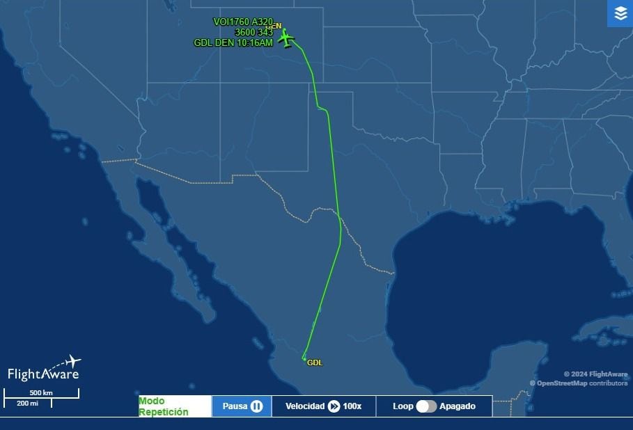 Vuelo VOI1760, ruta Guadalajara-Denver, 31-07-2024. [Fotografía. Flightaware.com]