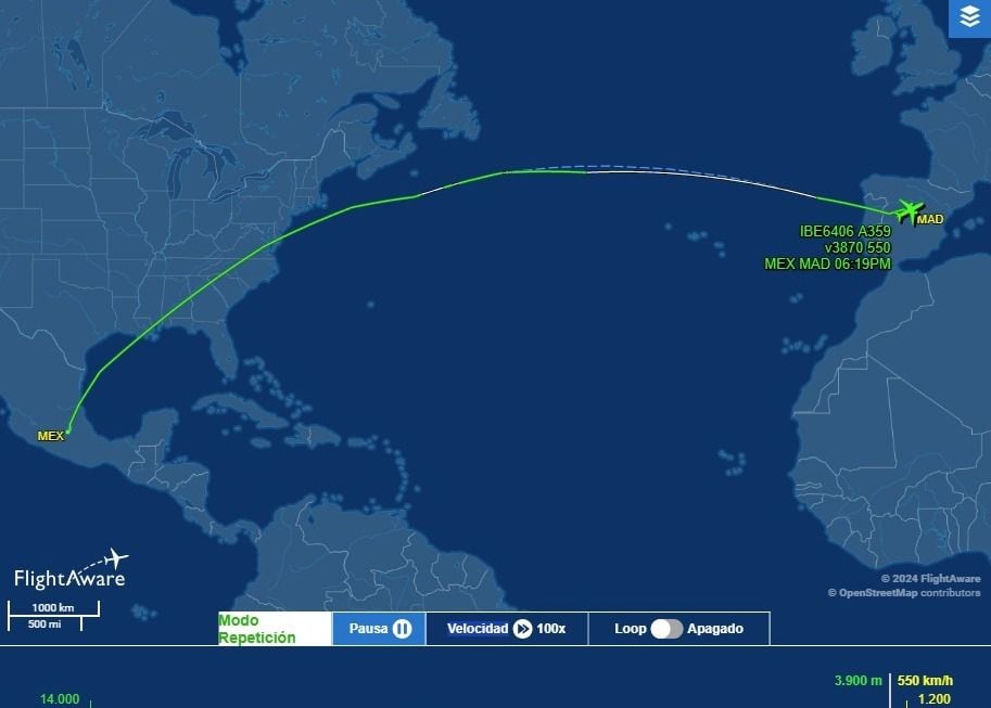 Ruta Ciudad de México-Madrid, vuelo IB6403, 31-04-07. [Fotografía. Flightaware]