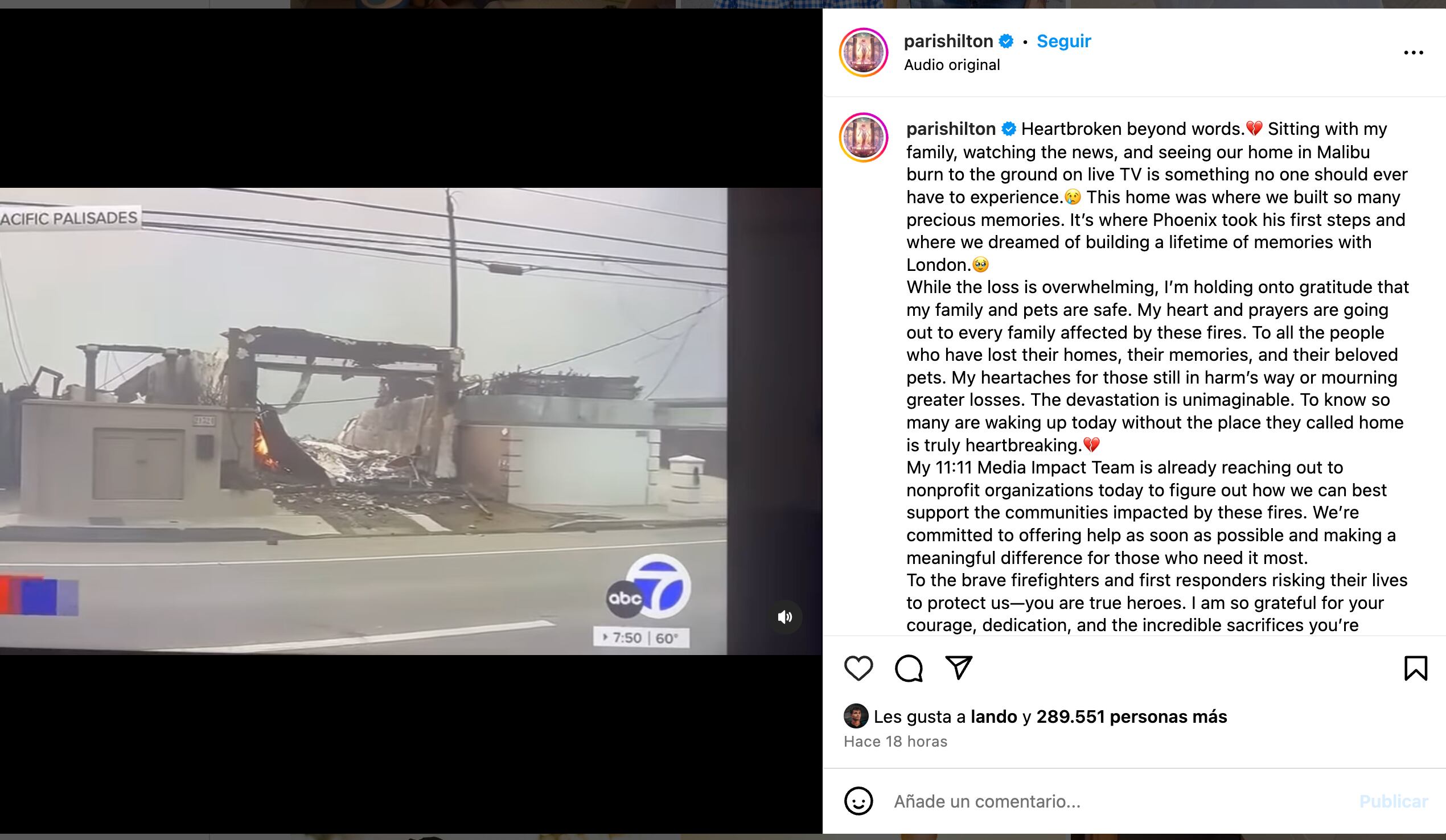 Paris Hilton fue una de las famosas que perdió su vivienda por los incendios de California.  (Foto: Instagram @parishilton)