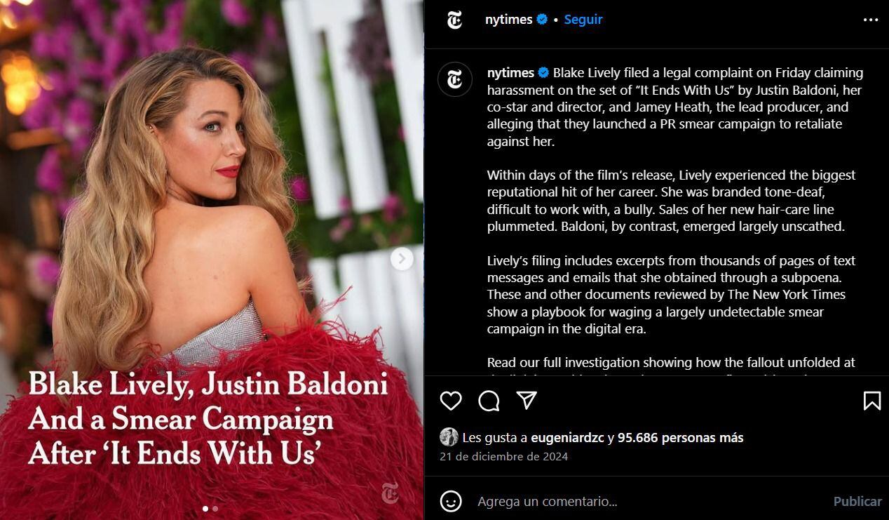 The New York Times publicó un reportaje sobre Blake Lively y Justin Baldoni el pasado 21 de diciembre. (Foto: Captura de pantalla / Instagram)