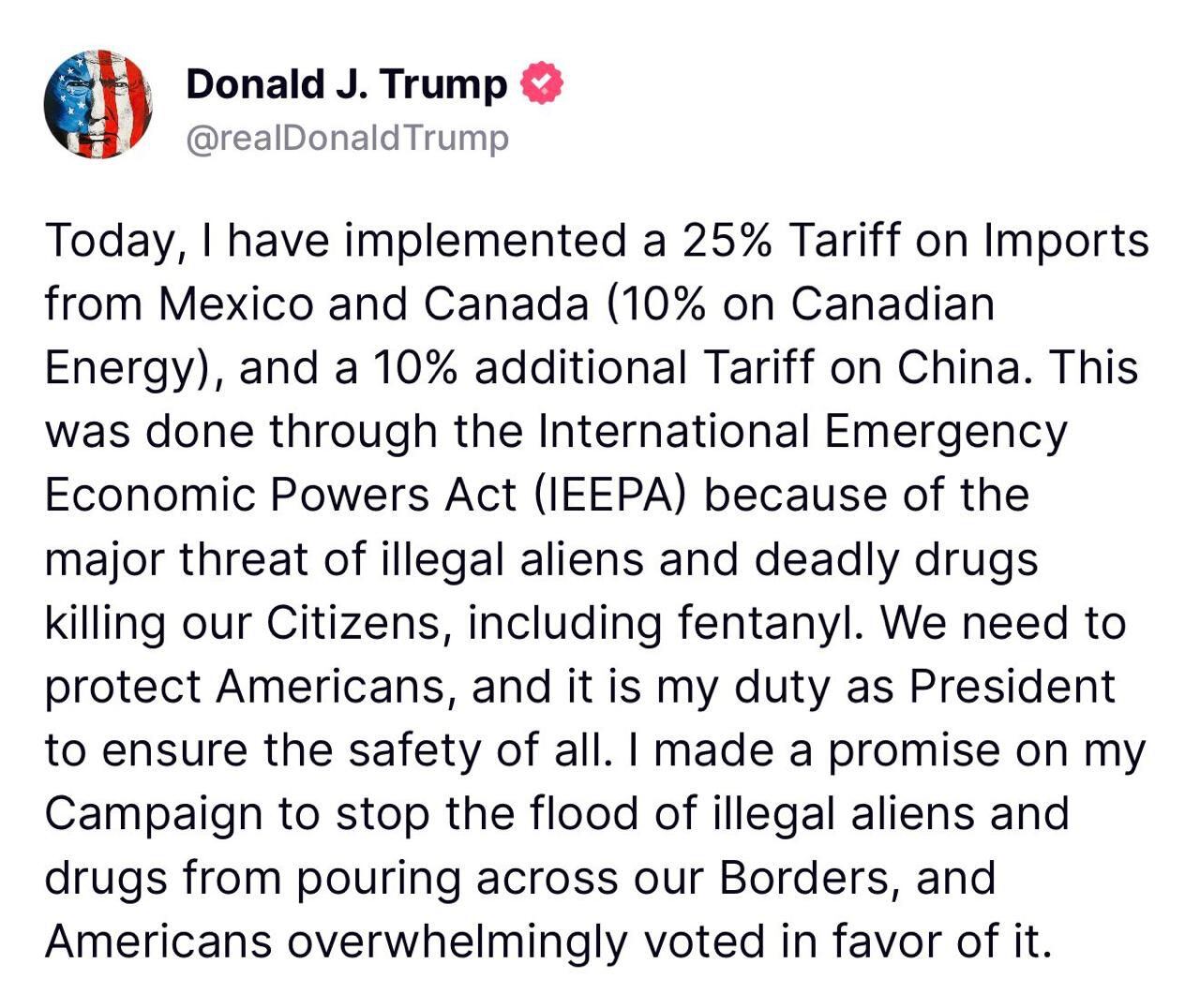 Este es el mensaje que Donald Trump publicó en su red Truth Social sobre el arancel de 25% a México y Canadá.