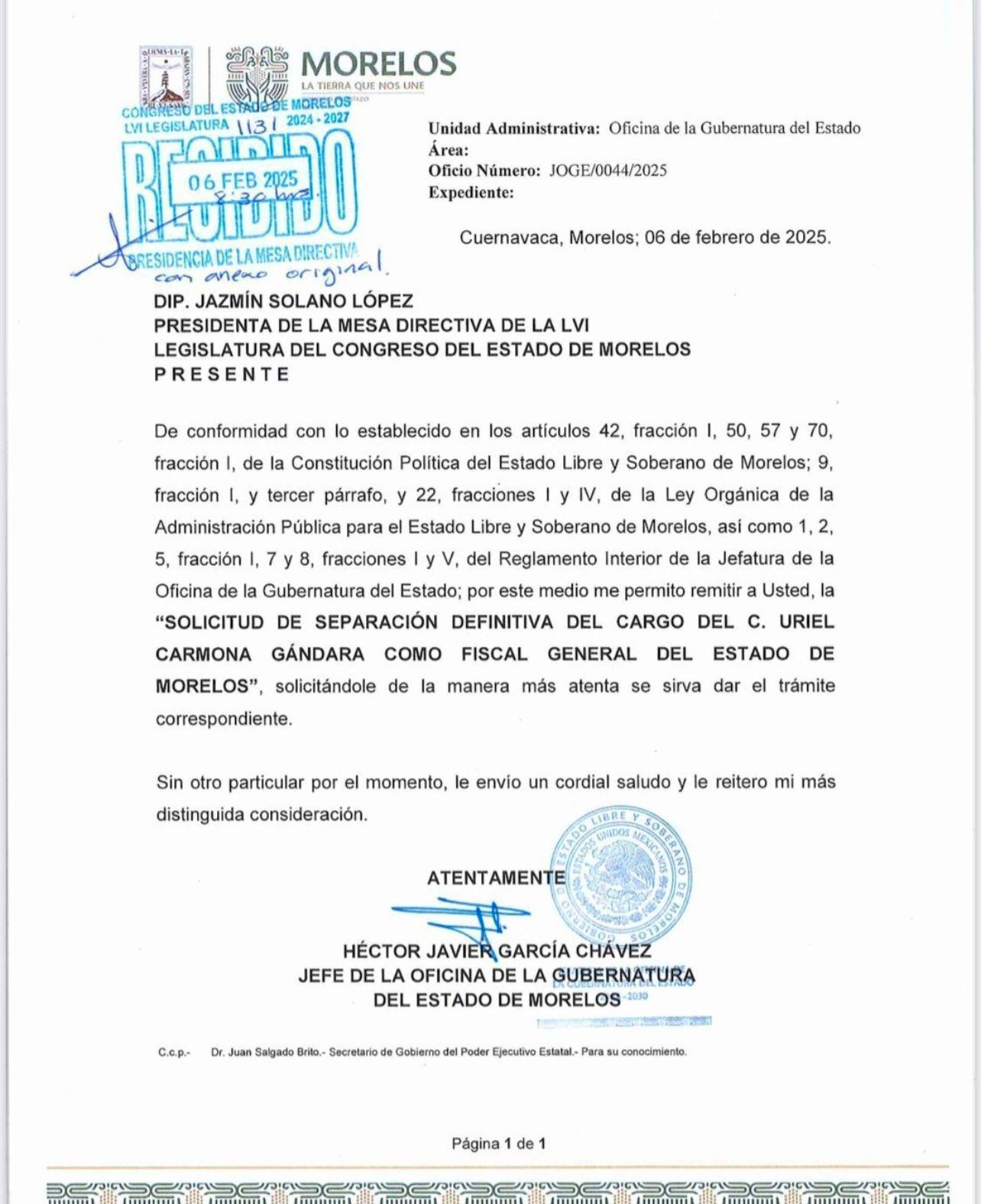 Oficio mediante el cual la oficina de la gubernatura de Morelos pidió la remoción de Uriel Carmona