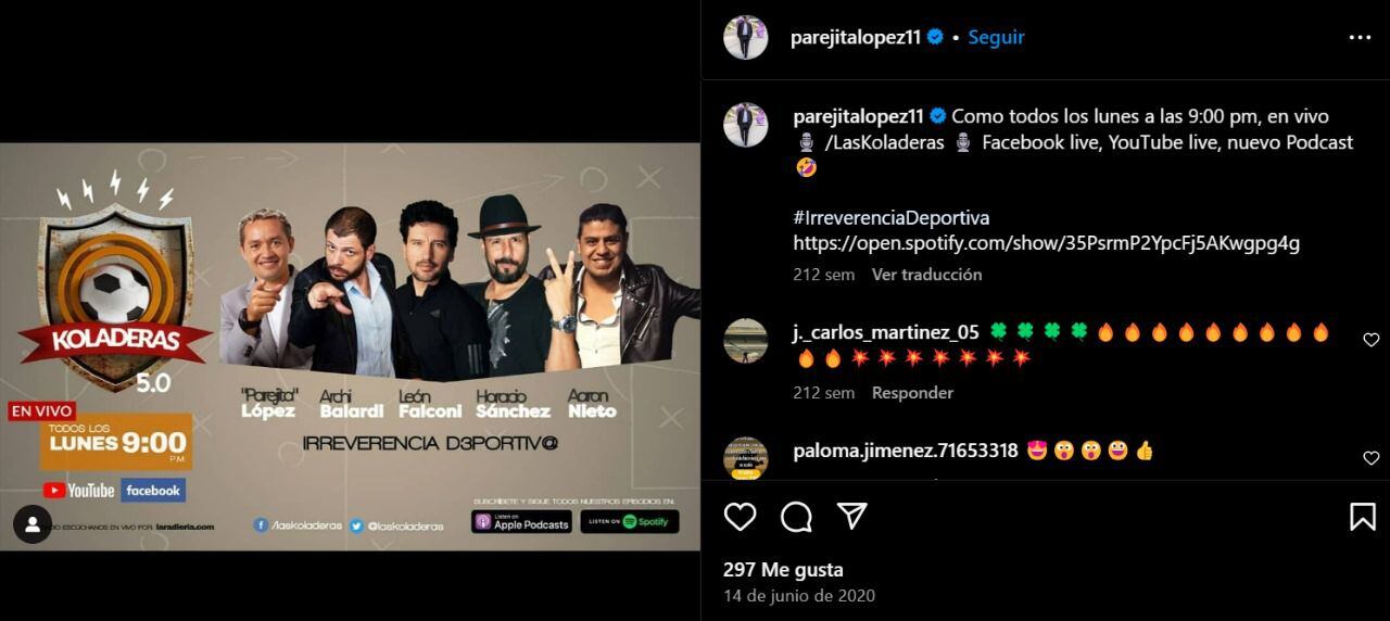 Publicación de 'Parejita' López en Instagram. (Foto: Captura de pantalla)