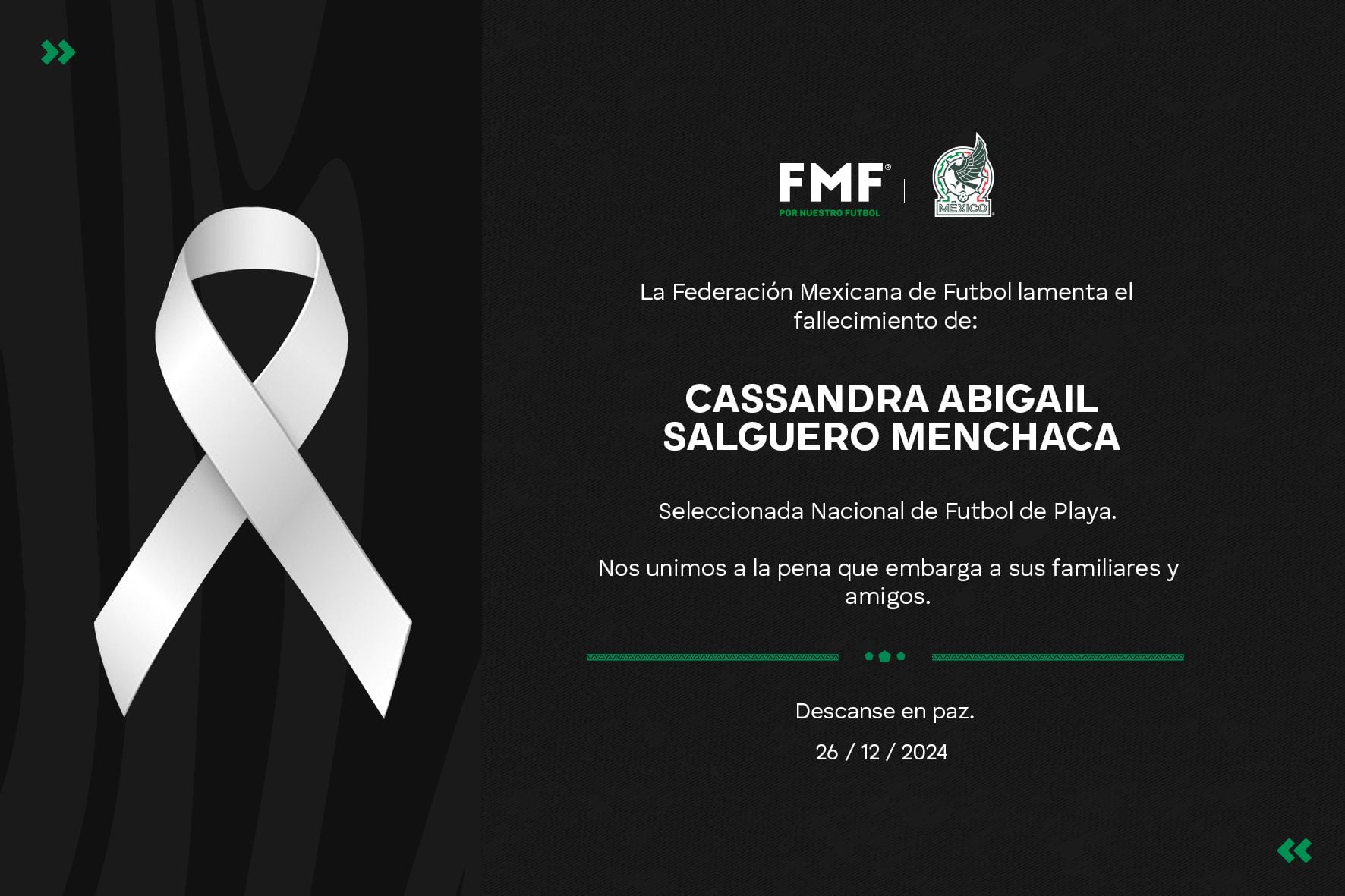 La Federación Mexicana de Futbol lamentó la muerte de Cassandra Salguero. (Foto: X / @FMF).