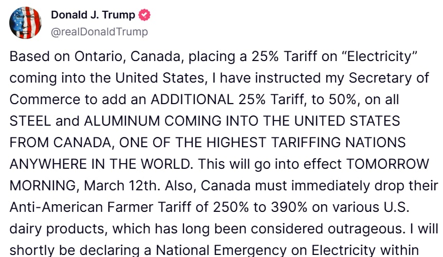 Este es el mensaje con el que Trump anunció que duplicará aranceles al aluminio y acero de Canadá