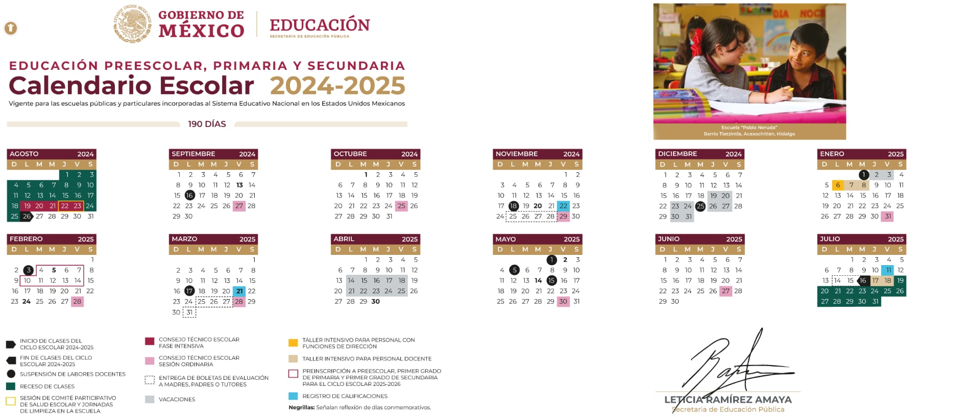 Calendario escolar para preescolar, primaria y secundaria 2024-2025 de la SEP.  