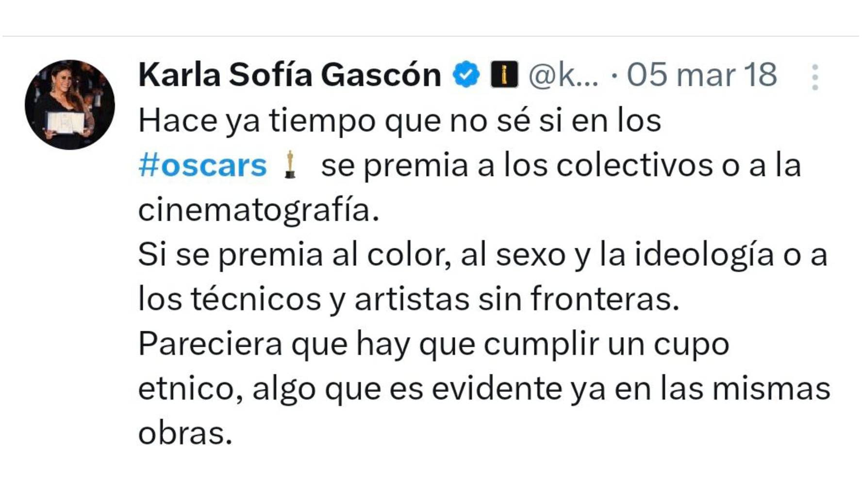 Karla Sofía Gascón criticó a los Premios Oscar. (Captura: X)