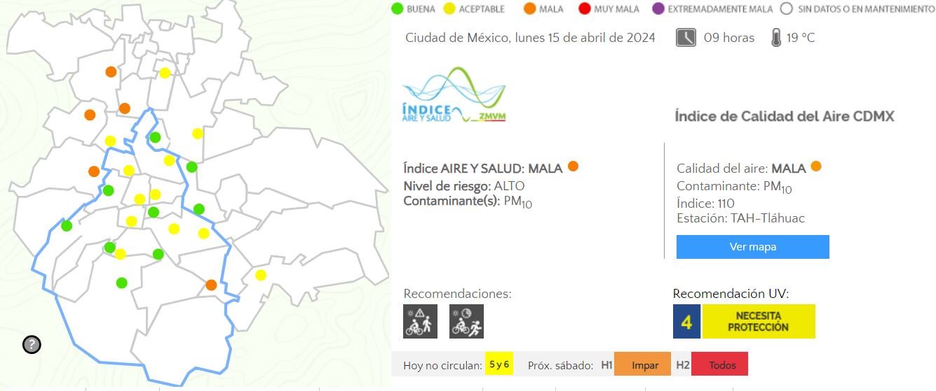 Los puntos en naranja en el mapa representan mala calidad de aire en la Megalópolis.