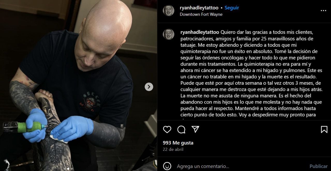 Publicación en el perfil de Instagram del tatuador Ryan Hadley. (Foto: Captura de pantalla)