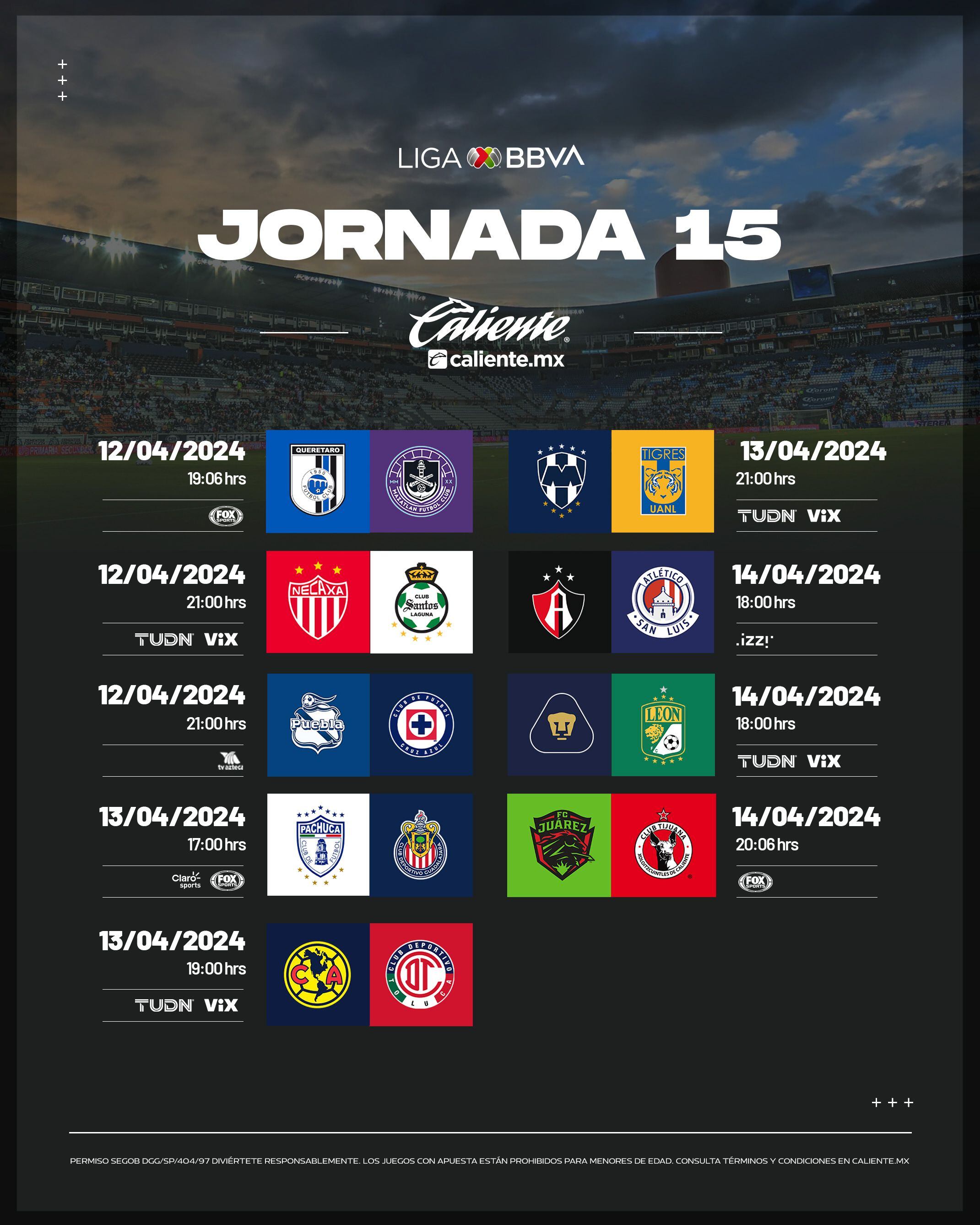 Partidos de la jornada 15 de la Liga MX. (Foto: @LigaBBVAMX).