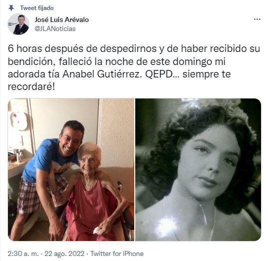 Anabel Gutiérrez falleció a los 89 años. (Foto: Twitter / @JLANoticias).