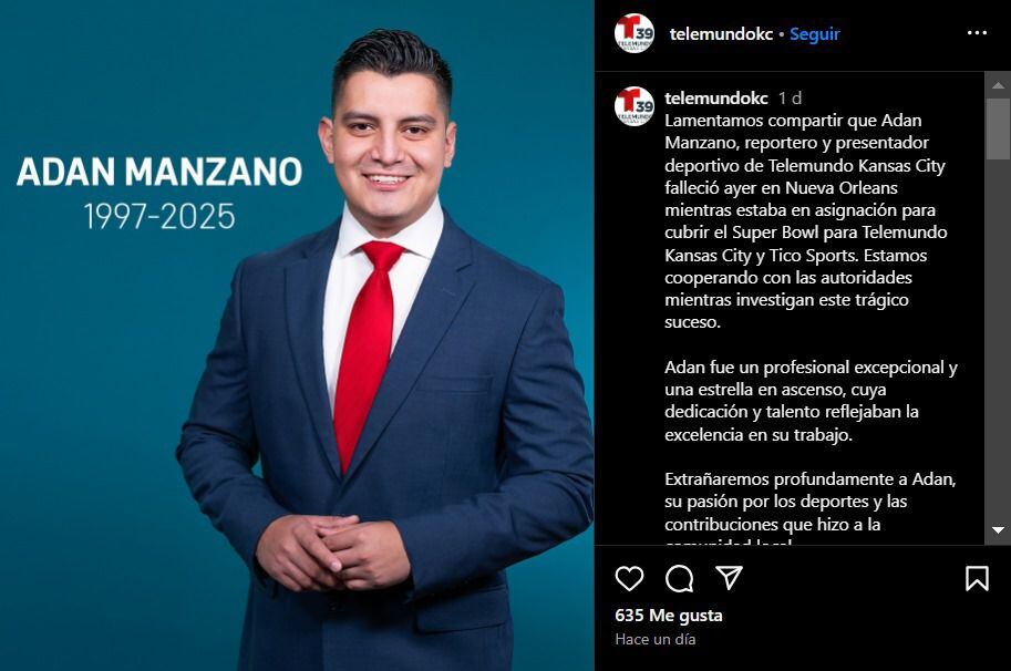 Telemundo Kansas City anunció la muerte de Adán Manzano. (Foto: Captura de pantalla / Instagram)