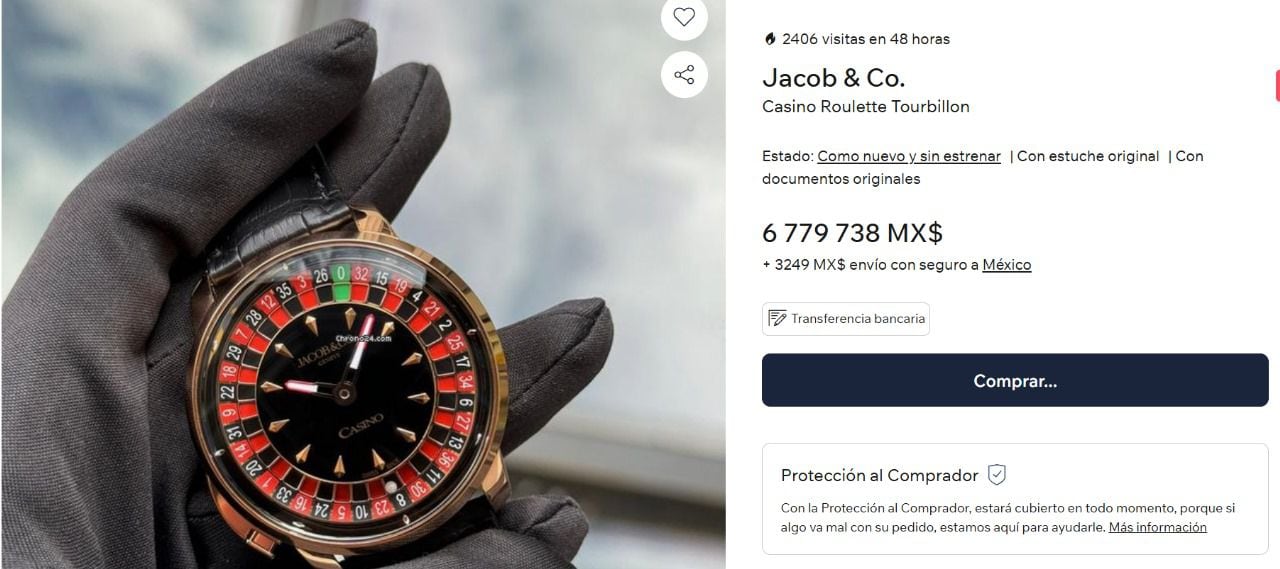 El reloj Jacob & Co. Casino Tourbillon se vende en más de 6 millones de pesos. (Foto: Captura de pantalla chrono24.com)