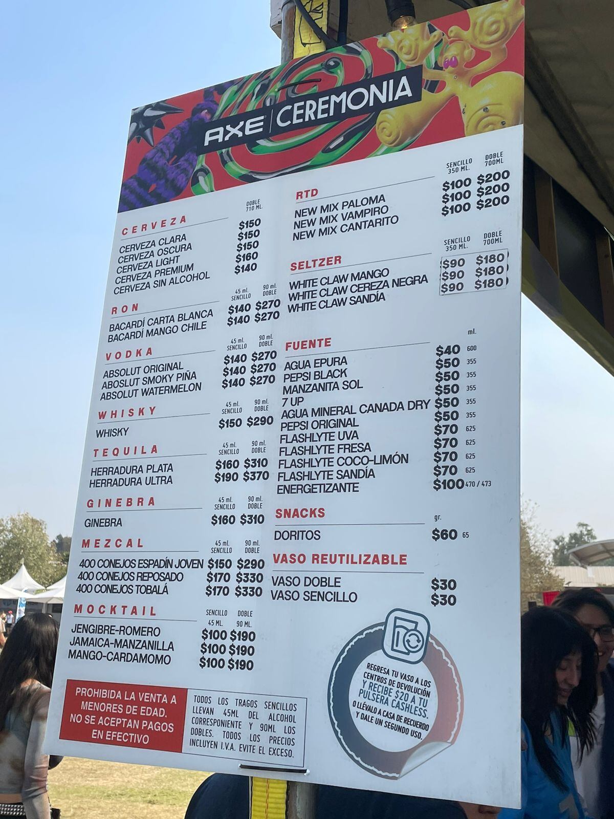 Lista de precios de las bebidas en el AXE Ceremonia 2024. (Foto: Luis Cárdenas Castillejos)