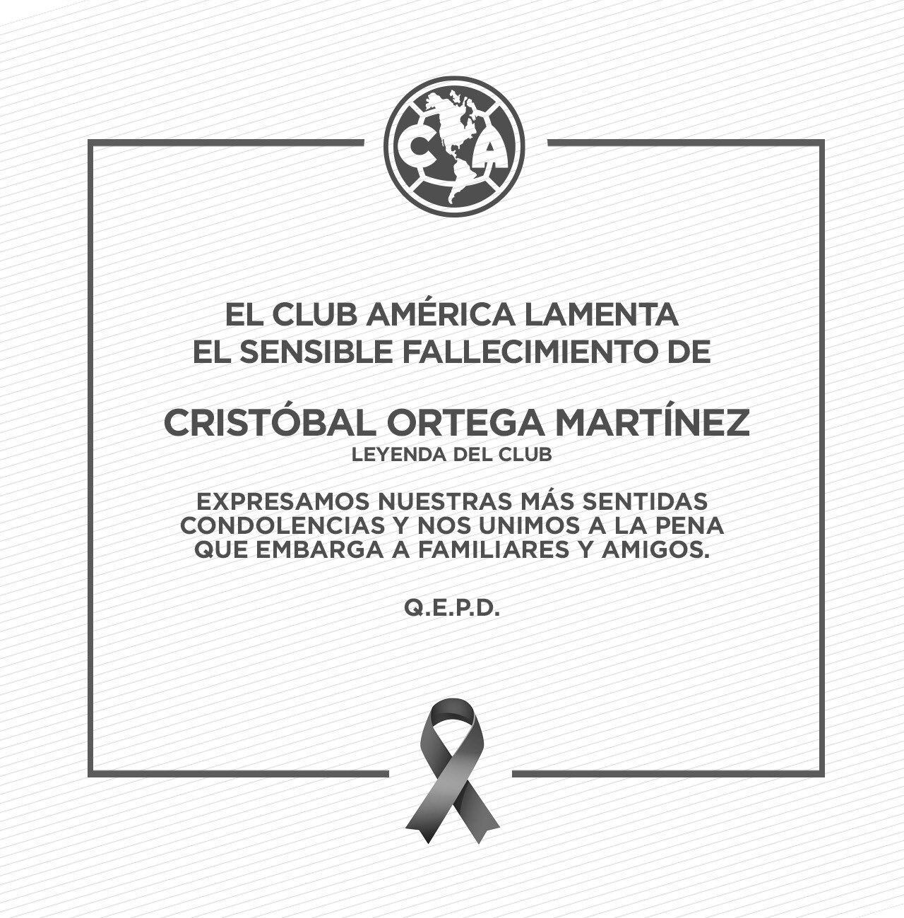 La noticia del fallecimiento de Cristóbal Ortega fue confirmada por el Club América en sus redes sociales. (Foto: @ClubAmerica)