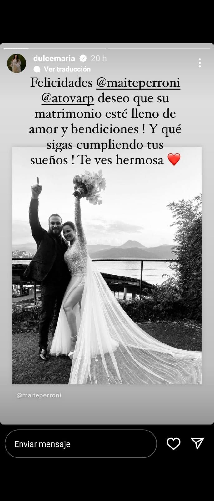 Dulce María le dedicó un mensaje a Maite Perroni, aunque no asistió a la boda. (Foto: Instagram / @dulcemaria).