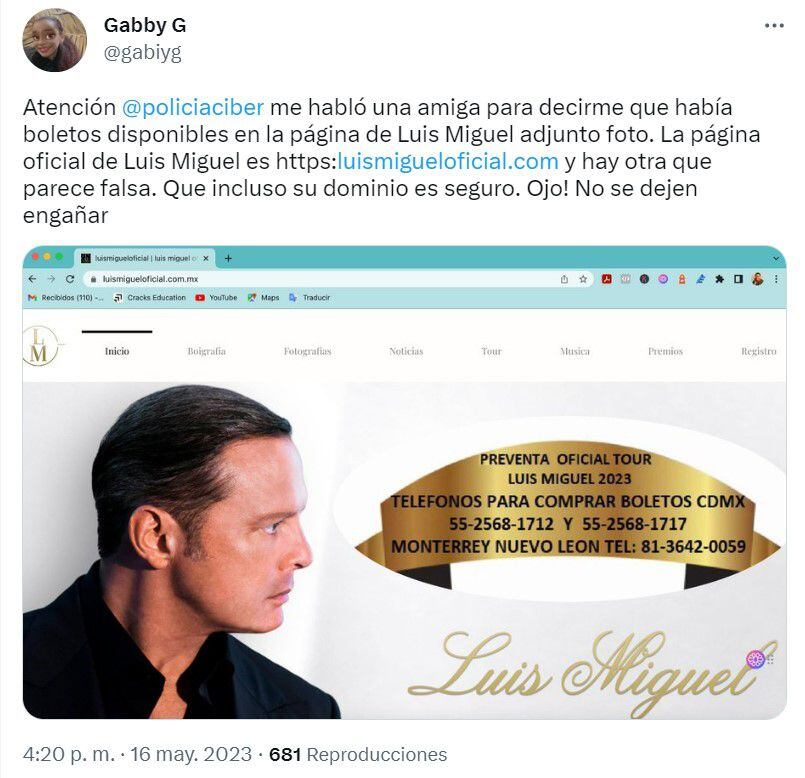 En redes sociales reportó la venta de boletos a través de un sitio de Luis Miguel que no es el oficial. (Foto: Twitter / Captura de pantalla)