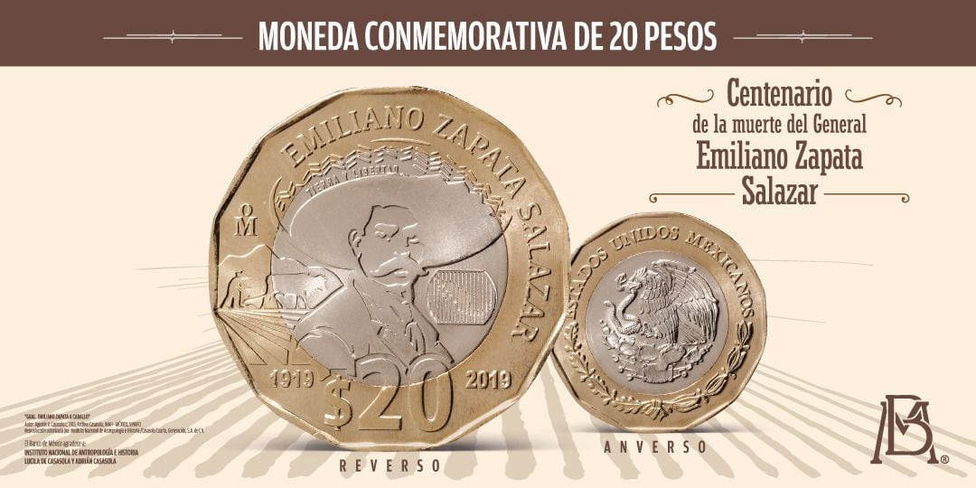Banxico lanza moneda de 20 pesos conmemorativa al centenario luctuoso de Emiliano Zapata