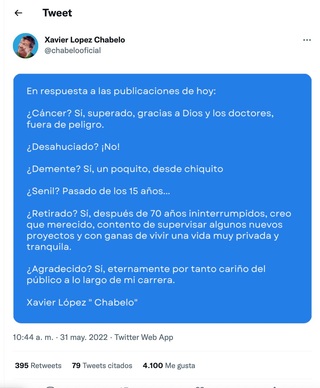 Xavier López 'Chabelo' desmiente rumores sobre su salud (Foto: Twitter @chabelooficial)