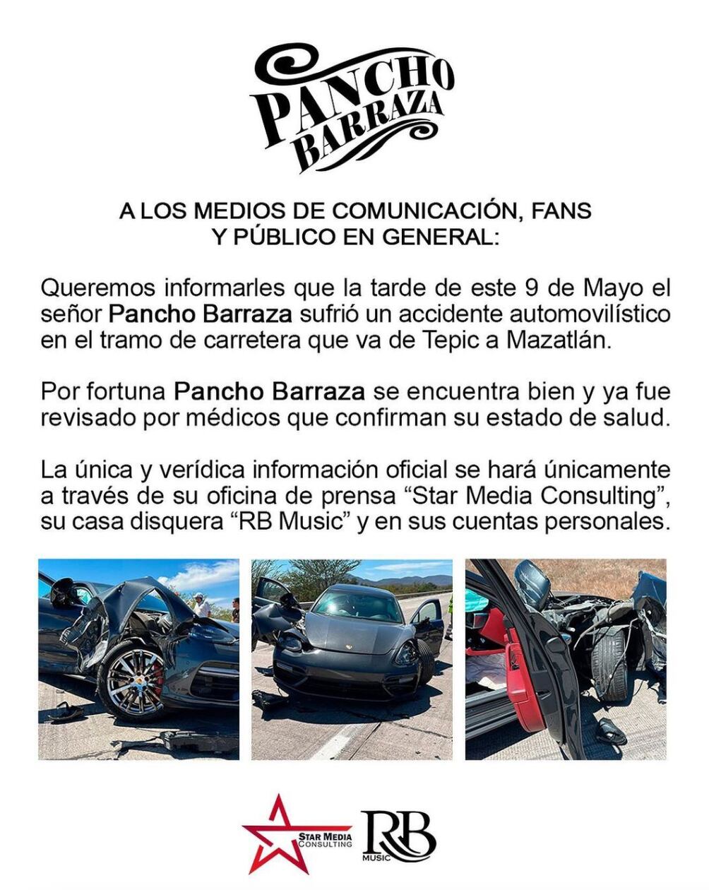 Comunicado oficial sobre el accidente del 9 de mayo. (Foto: Instagram @panchobarrazaoficial)