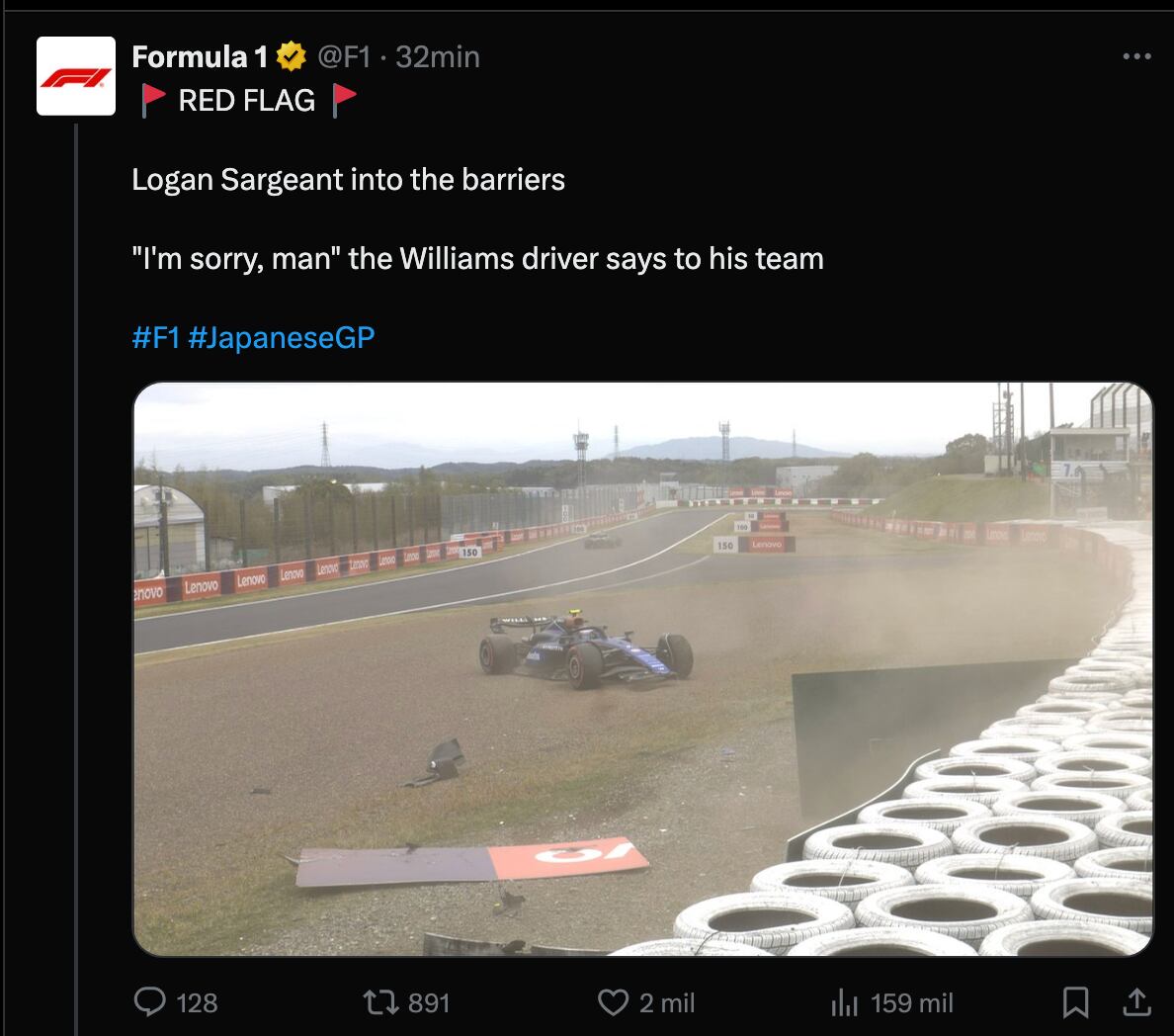 Logan Sargeant sufrió un accidente en el Gran Premio de Japón. (Foto: X @F1)
