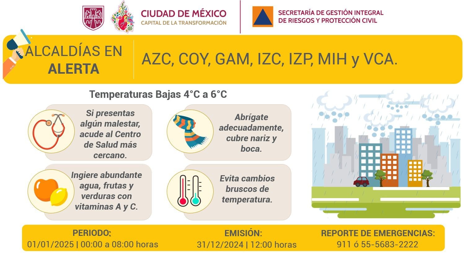 Siete alcaldías activaron la alerta amarilla por frío para este 1 de enero de 2025.