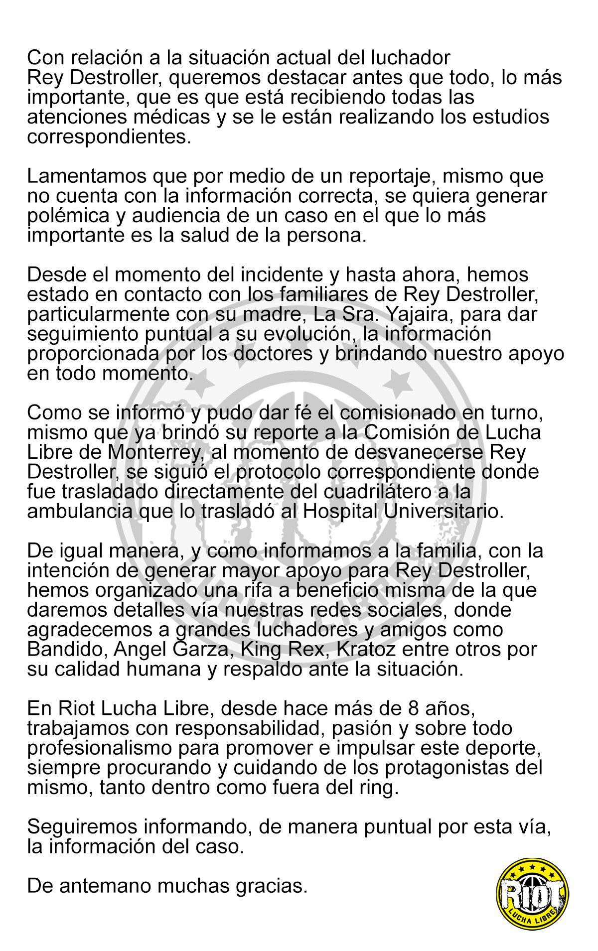 Comunicado de RIOT Lucha Libre en X. (Foto: X @RiotLucha)