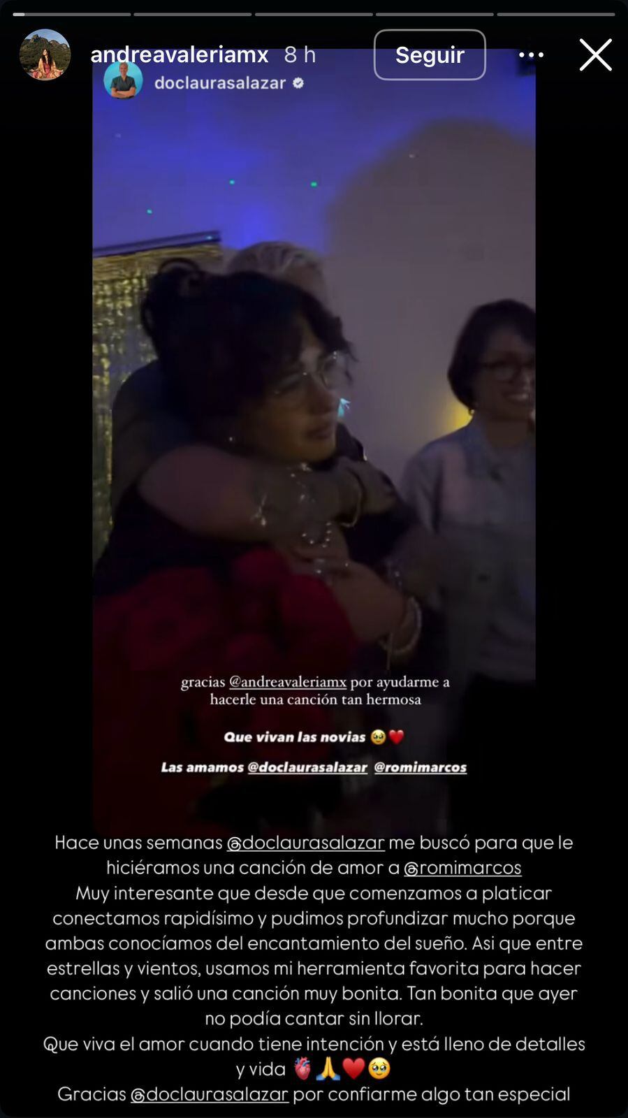 La cantante Andrea Valeria fue la encarga de interpretar la canción que la Doc. Laura Salazar le hizo a Romi Marcos. (Foto: Captura de pantalla / Instagram)