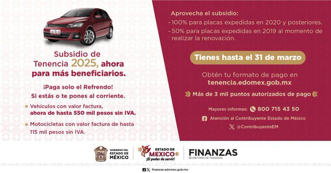 La Secretaría de Finanzas del Edomex lanzó el programa de Subsidio a la Tenencia Vehicular 2025. 