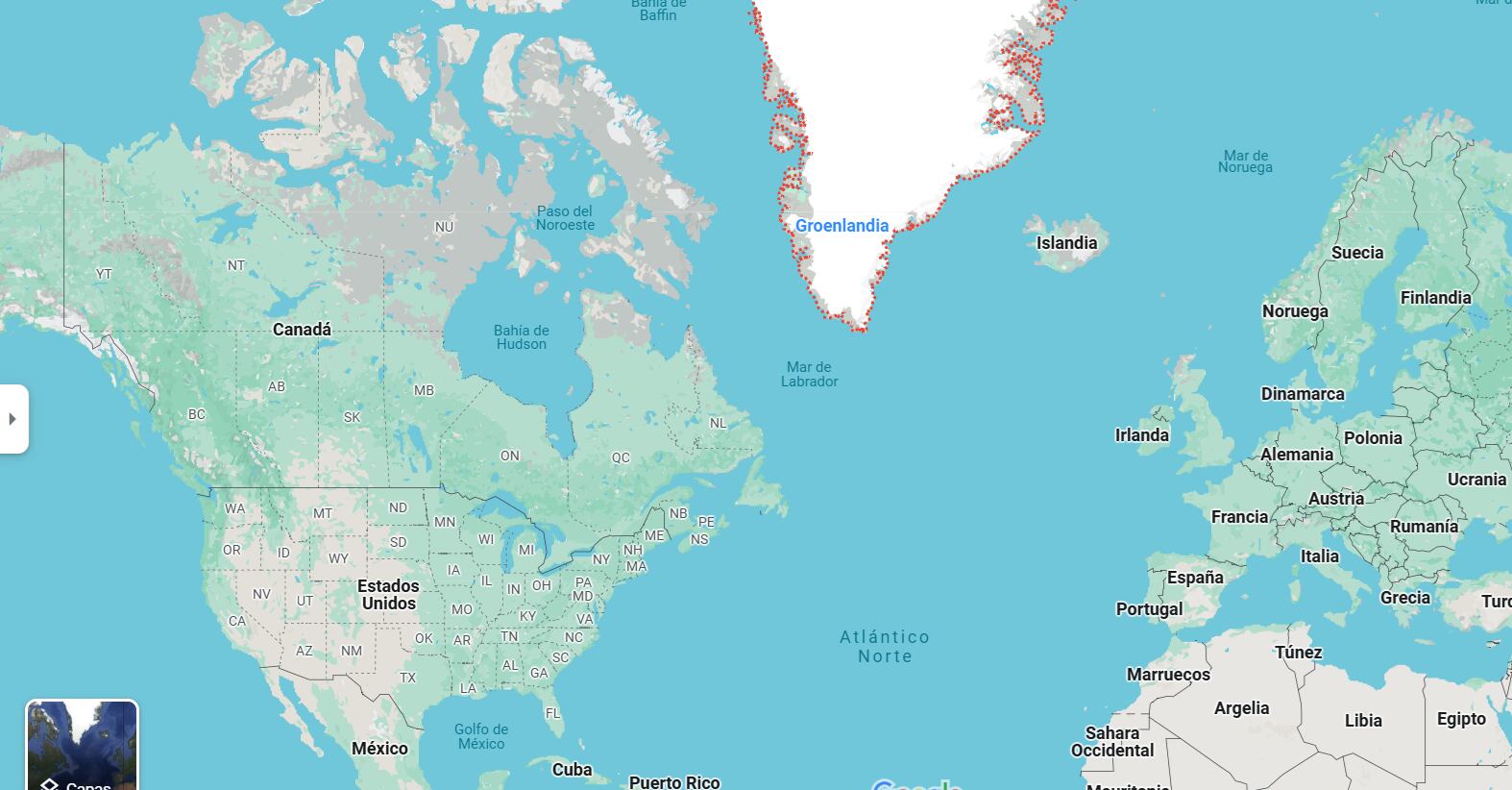 Groenlandia es una enorme isla que se ubica entre los océanos Atlántico Norte y Ártico; es un territorio autónomo de Dinamarca.