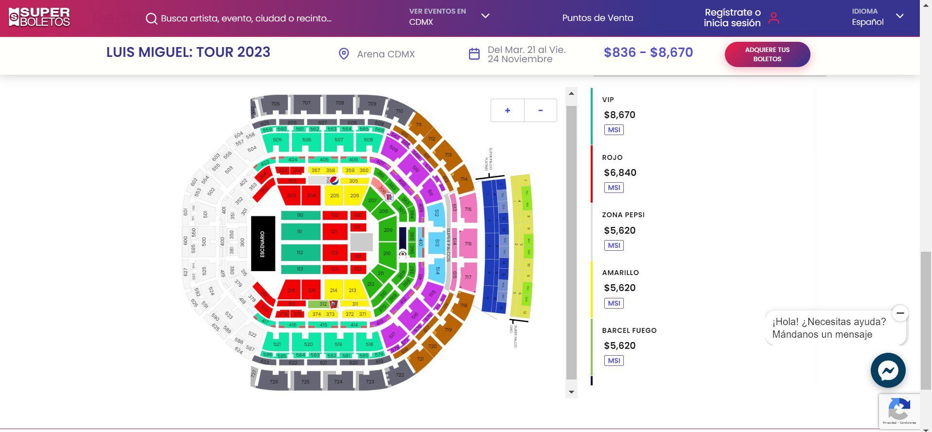 Precios de los boletos de Luis Miguel en Arena CDMX. (Foto: Superboletos).