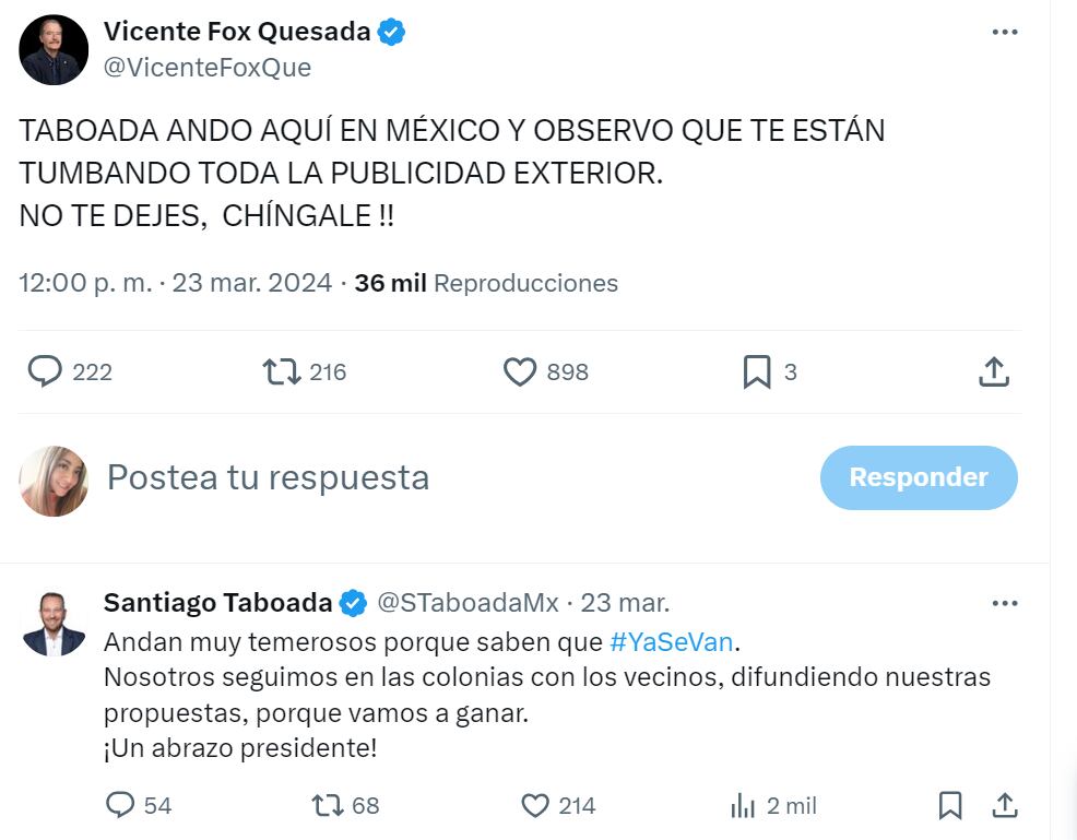 Viente Fox aseguró que están quitando la propaganda de Santiago Taboada de las calles de la CDMX. (Captura de pantalla)