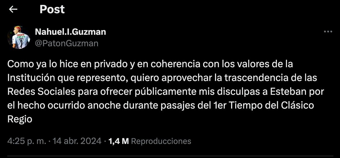 Nahuel Guzmán se disculpa por el uso de lásers en el Clásico Regio. (Foto: X @PatonGuzman)
