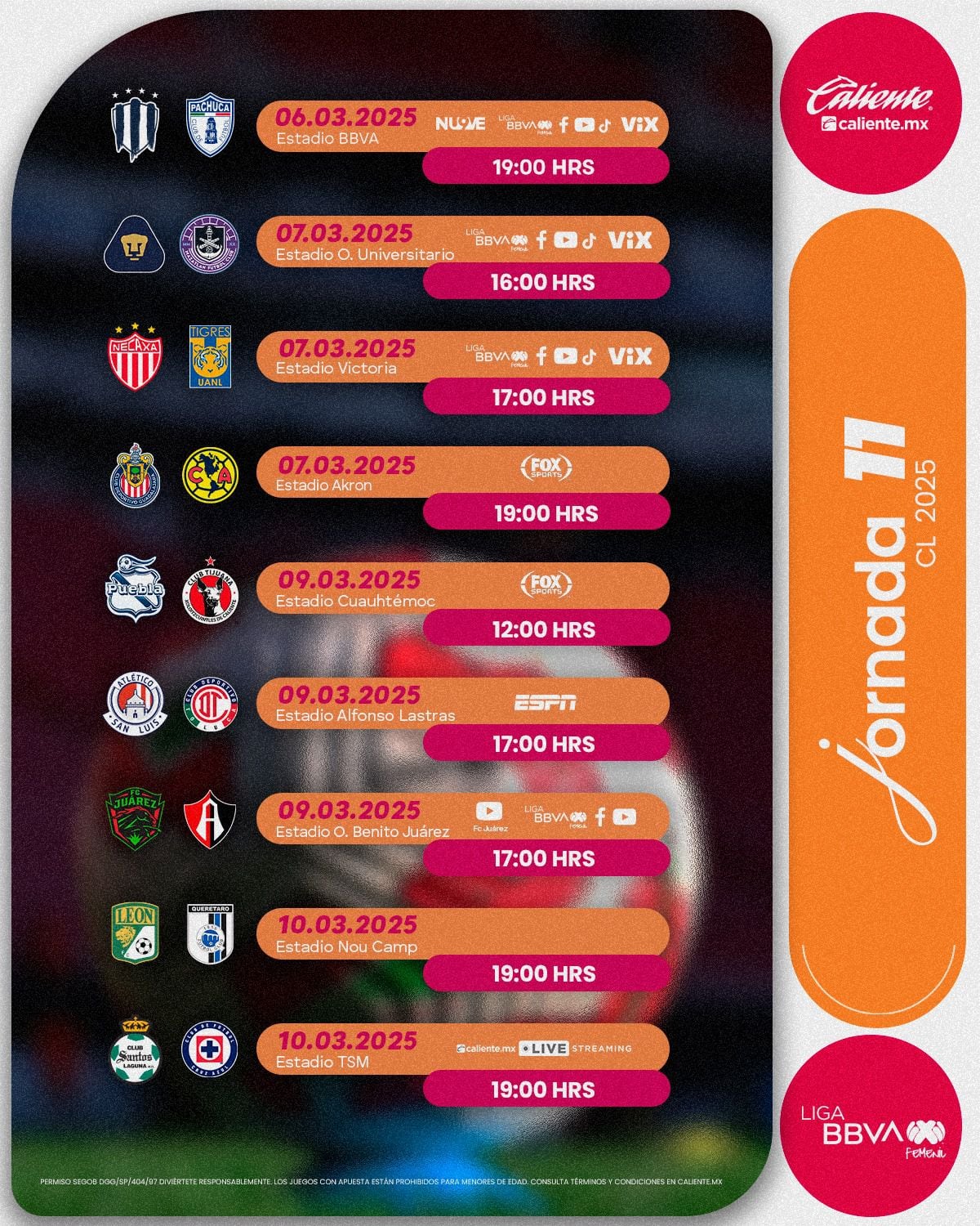 Calendario de la Jornada 11 correspondiente al Clausura 2025 de la Liga MX Femenil. (Foto: Liga BBVA MX Femenil)