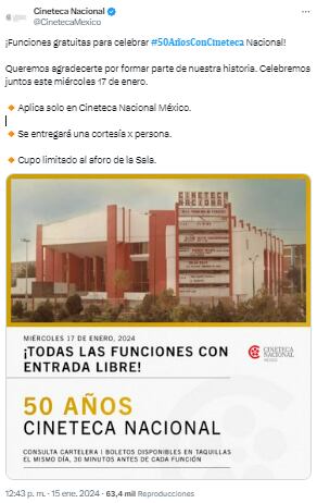 La Cineteca Nacional tendrá funciones gratis por su aniversario. (Foto: X @CinetecaMexico)