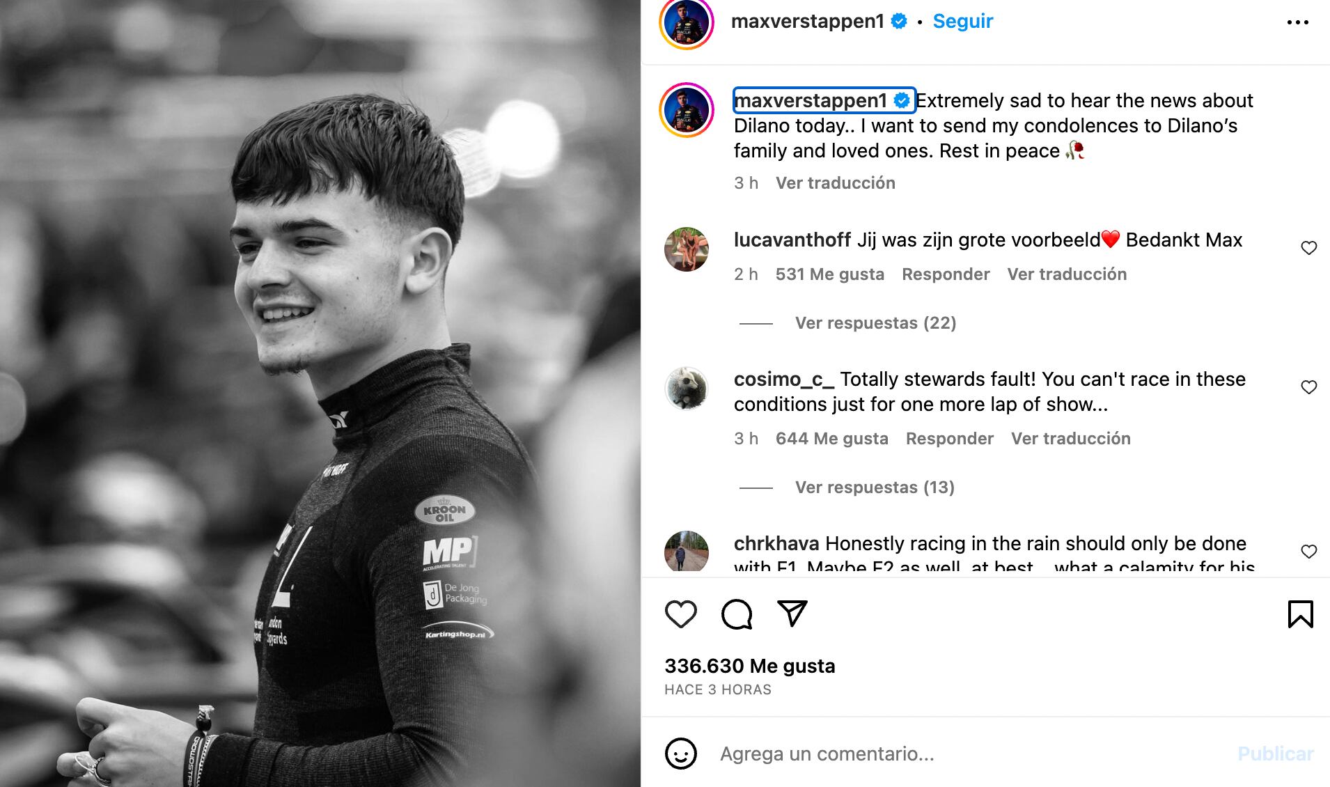 Max Verstappen expresó sus condolencias por la muerte de Dilano. (Foto: Instagram @maxverstappen1)