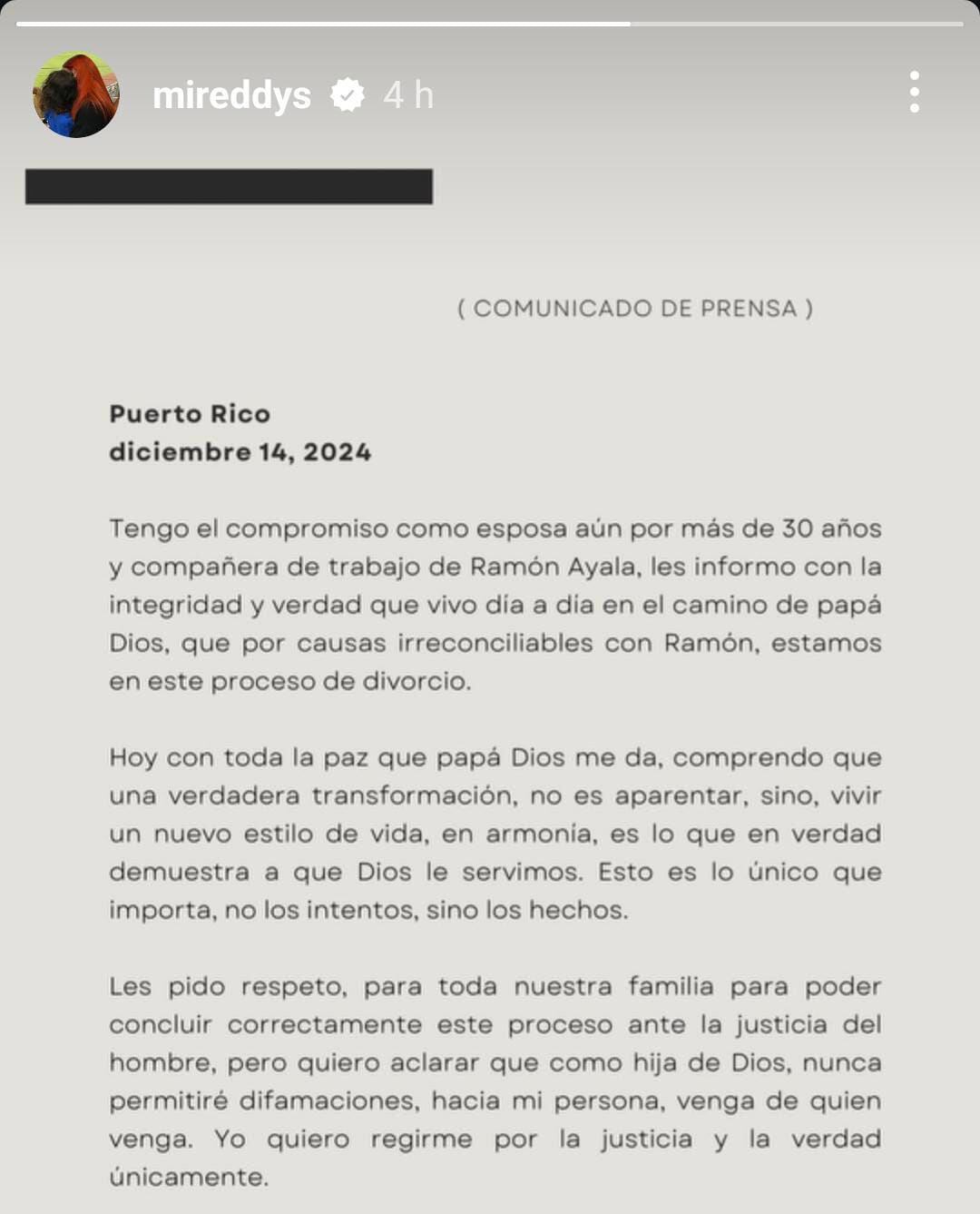 Comunicado de Mireddys González, expareja de Daddy Yankee. (Foto: Instagram @mireddys)