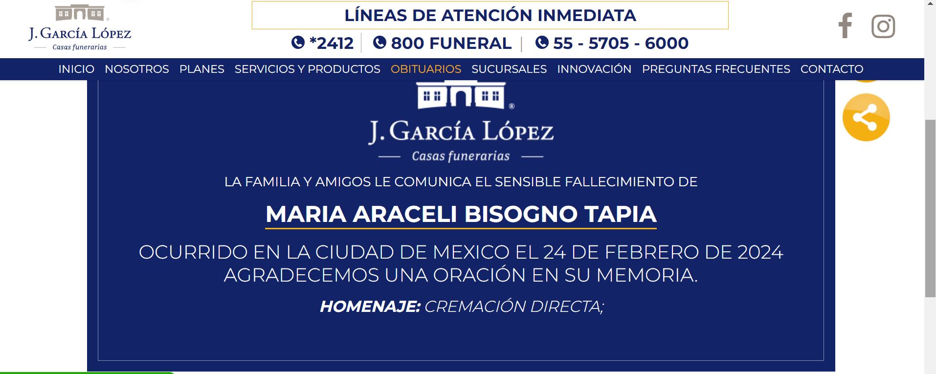 La funeraria J. García López anunció que Araceli Bisogno sería cremada.