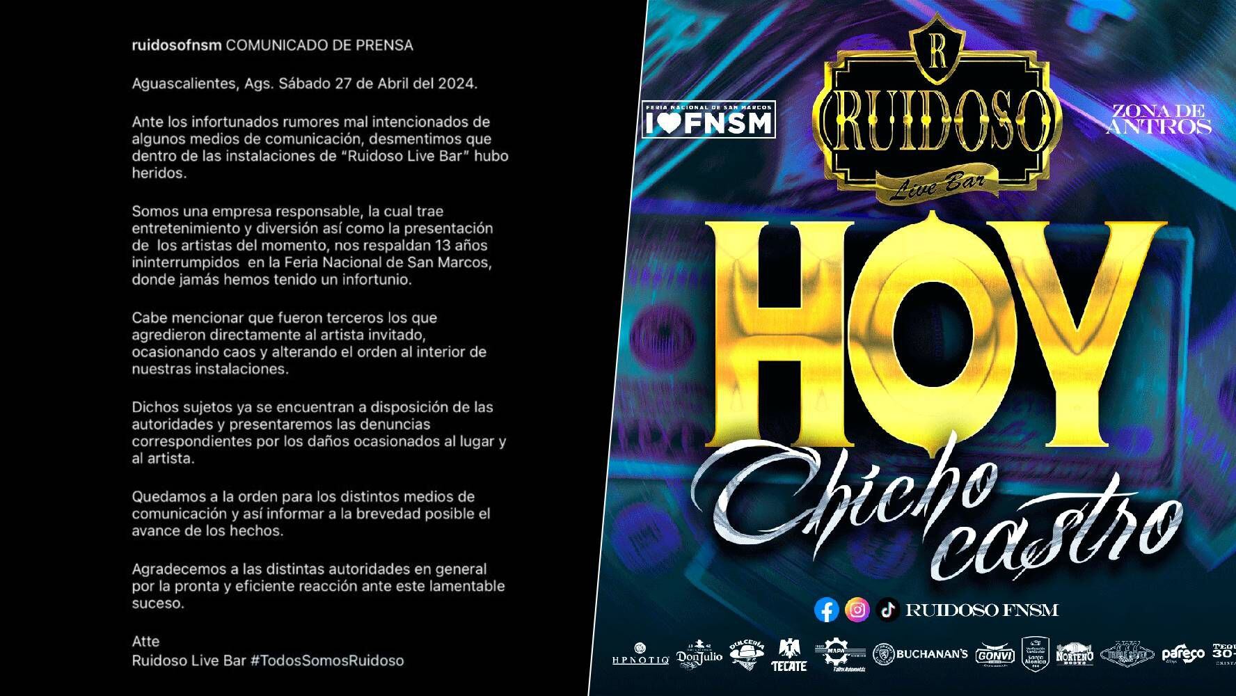 Comunicado de Ruidoso Live Bar sobre la riña en la presentación de Chicho Castro. (Foto: Instagram / @ruidosofnsm)