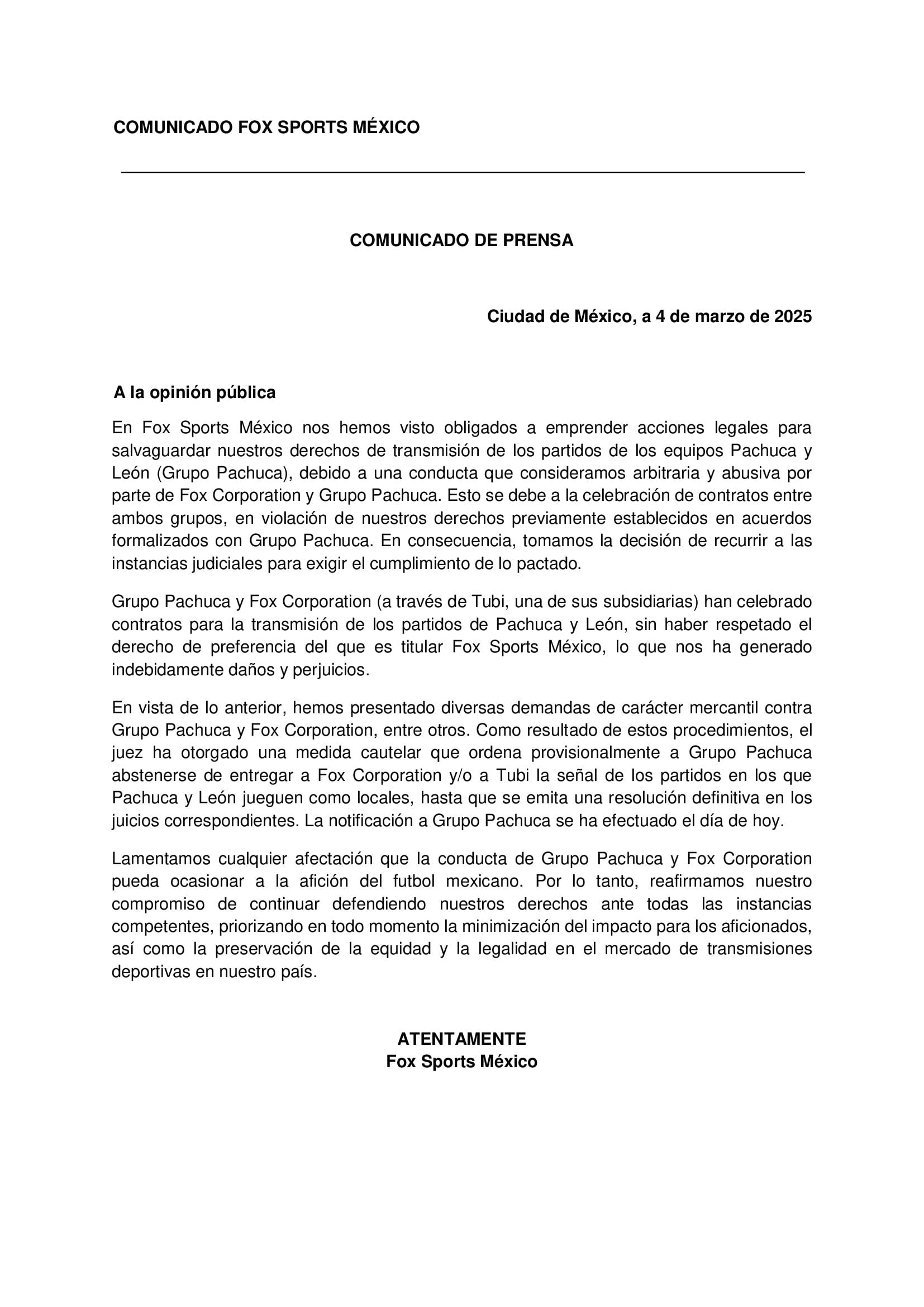 Comunicado de FOX Sports México sobre acciones legales contra FOX Corporation y Grupo Pachuca. (Foto: FOX Sports México)